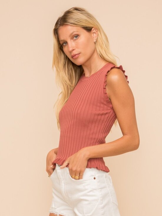 HEM & THREAD Terracotta Ruffle Sleeve Ribbed Knit Tank | Fitted Boutique Top - Picture 2 of 3
